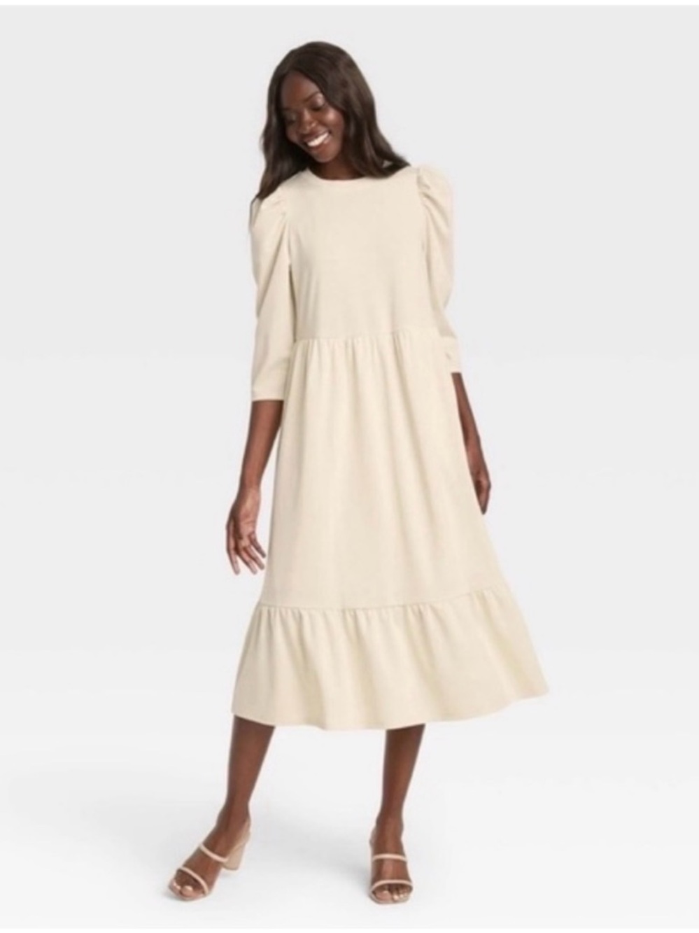 Who What Wear Womens Puff Sleeve Cream Tiered 3/4 Sleeve A-line Midi Dress Sz S